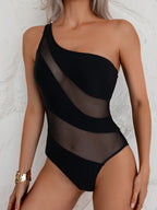 Black One Shoulder Mesh Panel One Piece Suit
