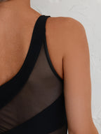Black One Shoulder Mesh Panel One Piece Suit