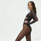 Black Sheer Cutout Catsuit — Mesh Mock Neck Long Sleeve