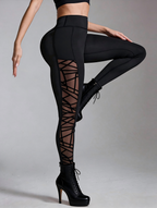 Black Criss-Cross Mesh Panel High Waist Leggings