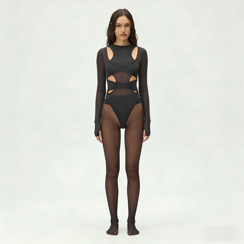 Black Sheer Cutout Catsuit — Mesh Mock Neck Long Sleeve
