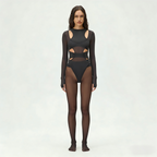 Black Sheer Cutout Catsuit — Mesh Mock Neck Long Sleeve