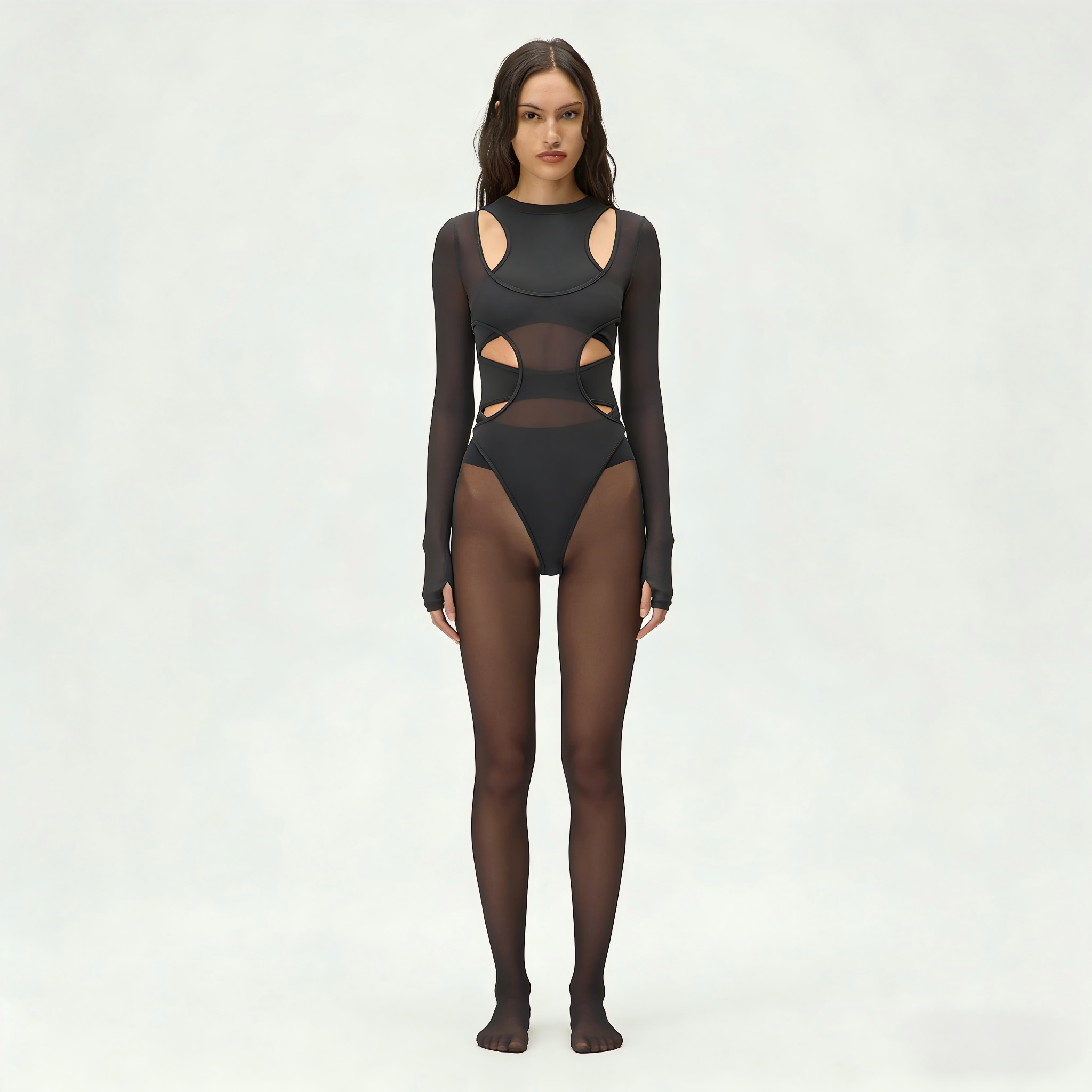 Black Sheer Cutout Catsuit — Mesh Mock Neck Long Sleeve