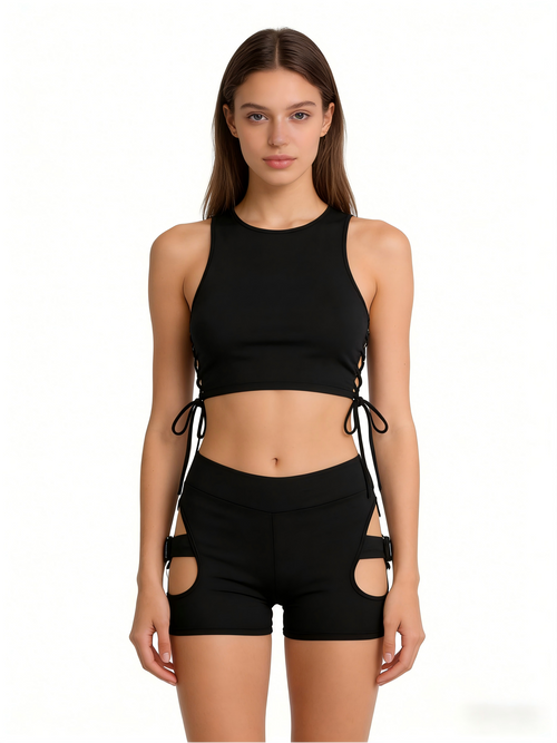 Black Cut-Out Buckle Dance Shorts