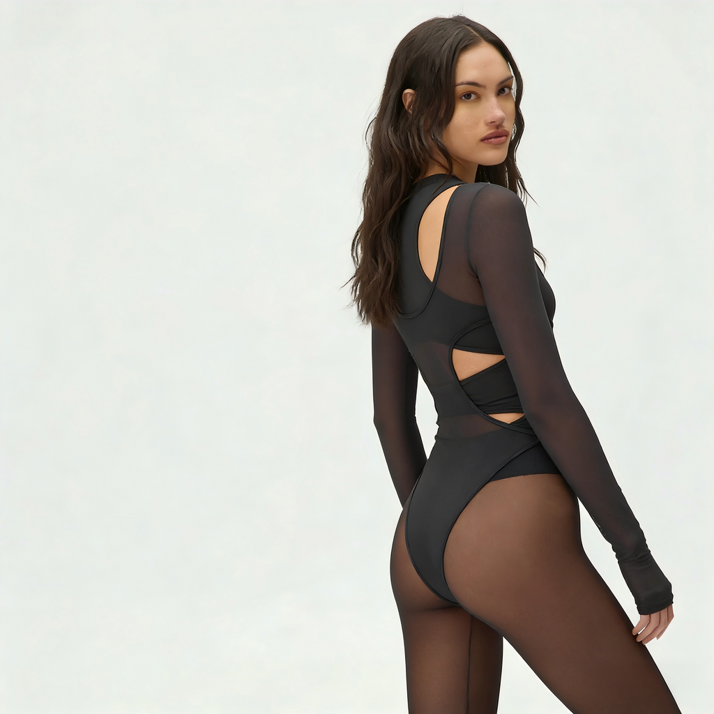 Black Sheer Cutout Catsuit — Mesh Mock Neck Long Sleeve