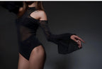 Black Sheer Mesh Cutout Bodysuit with Long Sleeves & Open Back