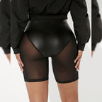 High Waist Mesh & Faux Leather Shorts