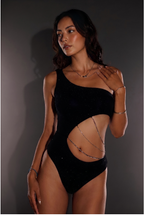 Shimmer One Shoulder Cut Out Bodysuit with Chain Detail