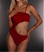 Shimmer One Shoulder Cut Out Bodysuit with Chain Detail