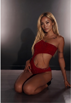 Shimmer One Shoulder Cut Out Bodysuit with Chain Detail