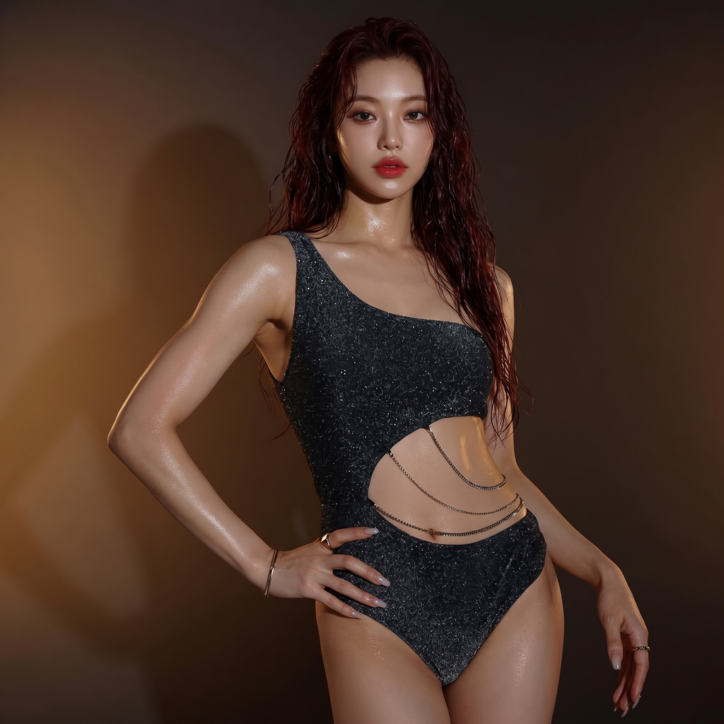 Shimmer One Shoulder Cut Out Bodysuit with Chain Detail