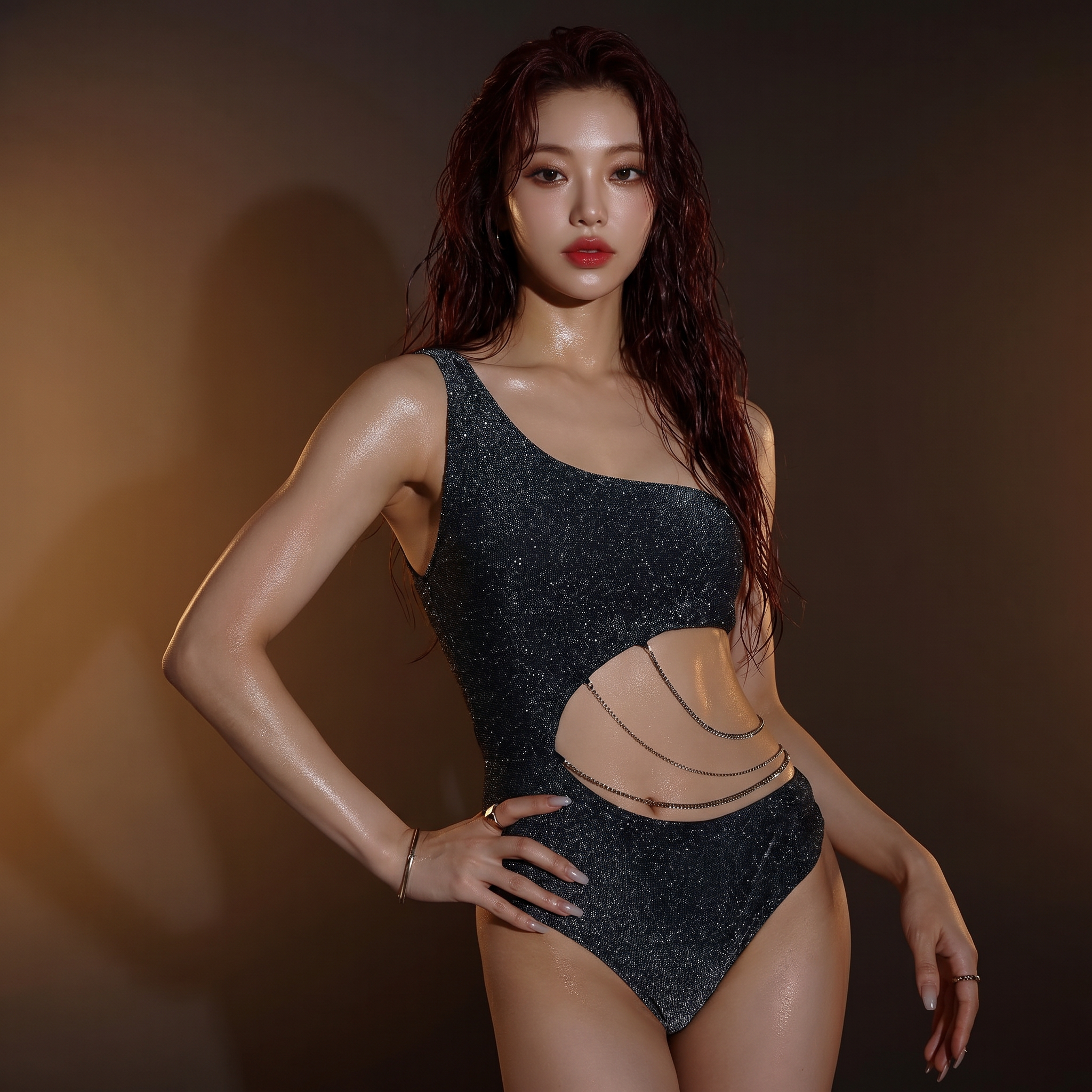 Shimmer One Shoulder Cut Out Bodysuit with Chain Detail