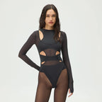 Black Sheer Cutout Catsuit — Mesh Mock Neck Long Sleeve