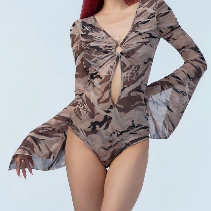 Rebel Camo Mesh Bell Sleeve Bodysuit – Adjustable Backless Rave Wear