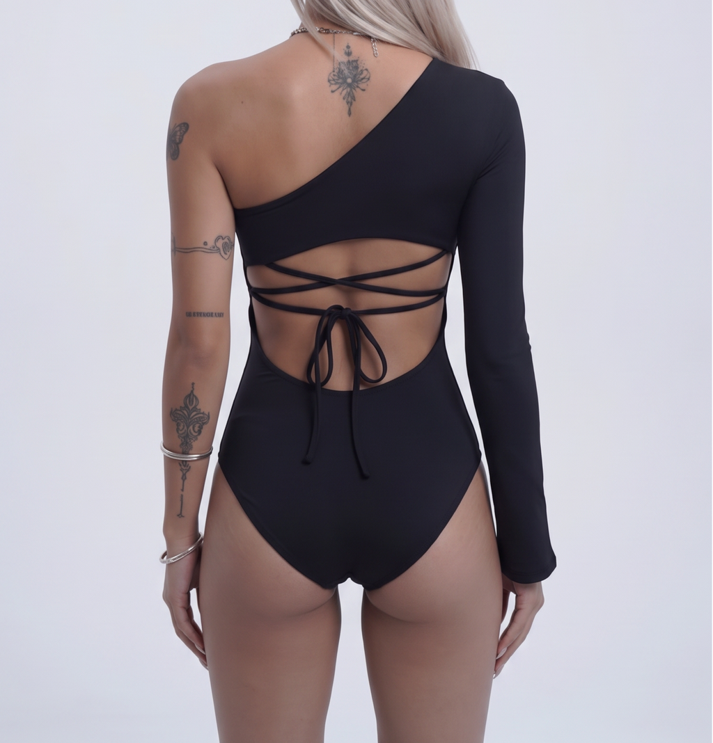 Aura Butterfly Asymmetric One-Sleeve Bodysuit - Chocolate Brown