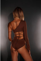 Aura Butterfly Asymmetric One-Sleeve Bodysuit - Chocolate Brown
