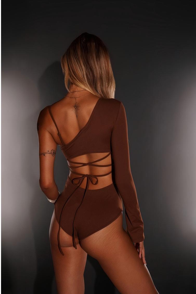 Aura Butterfly Asymmetric One-Sleeve Bodysuit - Chocolate Brown