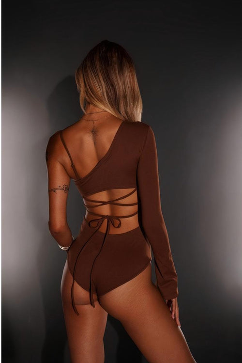 Aura Butterfly Asymmetric One-Sleeve Bodysuit - Chocolate Brown