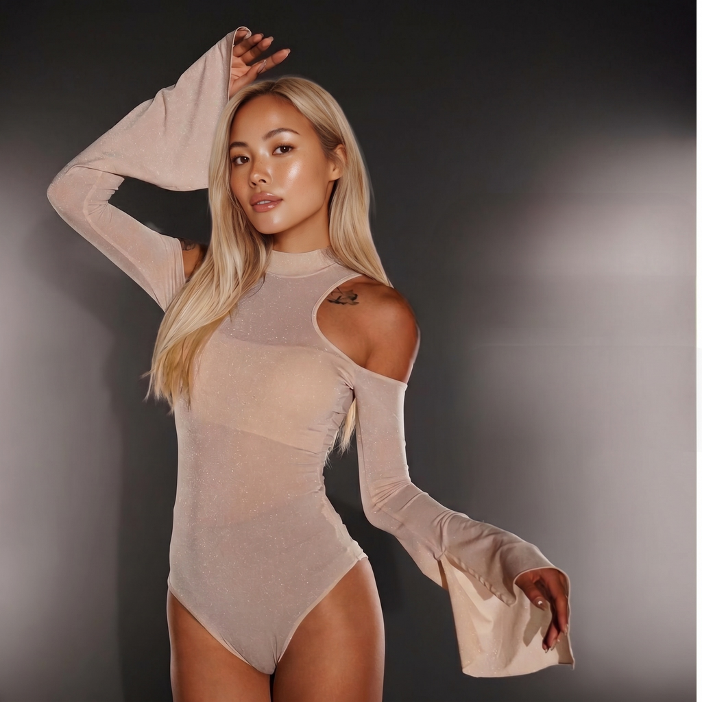 Black Sheer Mesh Cutout Bodysuit with Long Sleeves & Open Back