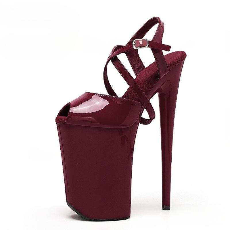 Extreme Platform Stiletto Sandal – Black Patent Crisscross Ankle Strap