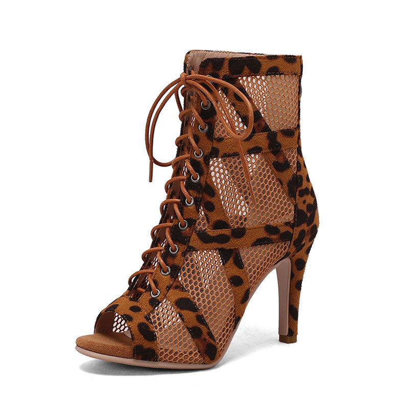 Open Toe Mesh Lace Up High Heel Ankle Boots