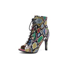 Lace-Up Peep Toe Stiletto Ankle Booties – Animal Print