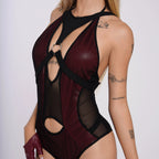 Cyber-Goth Mesh Cutout Bodysuit - Burgundy & Black Festival Rave Teddy