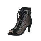 Lace-Up Mesh Peep-Toe Stiletto Ankle Booties