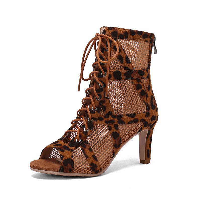 Open Toe Mesh Lace Up High Heel Ankle Boots