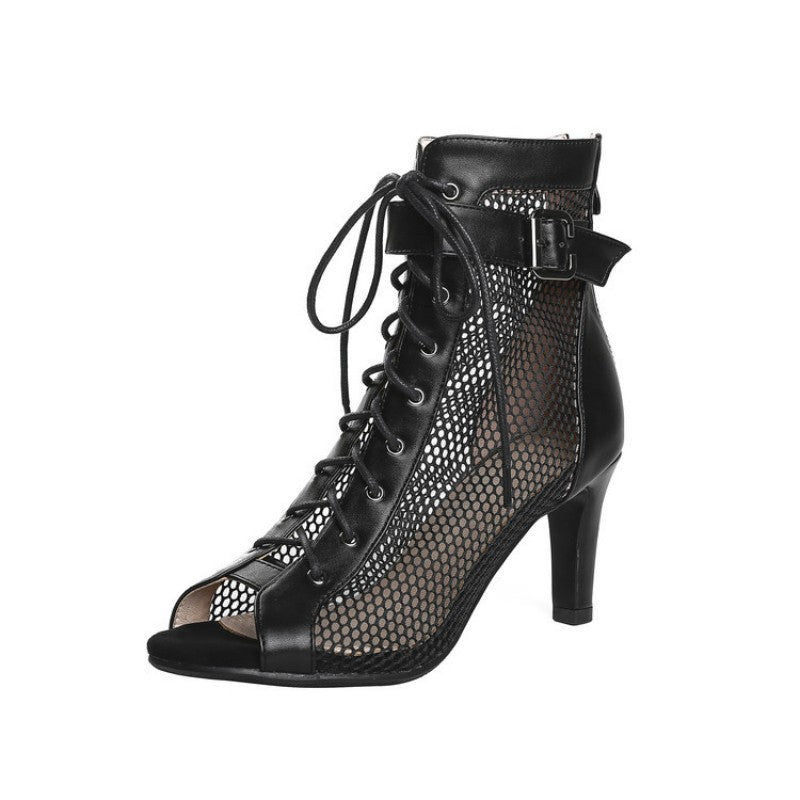 Lace-Up Mesh Peep-Toe Stiletto Ankle Booties