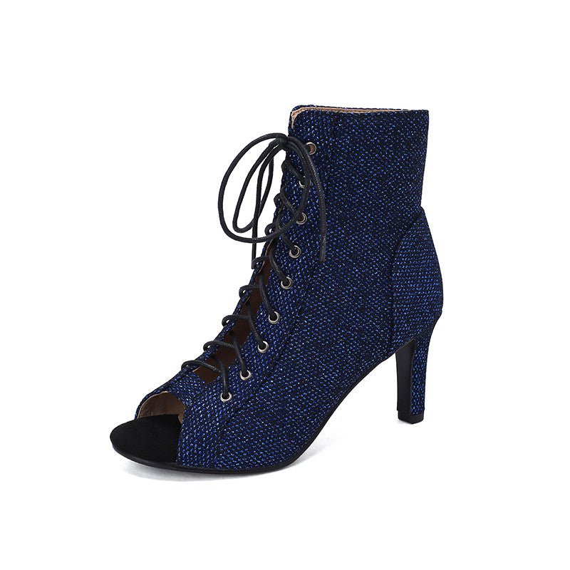 Glamour Sparkle Lace-Up Peep Toe Ankle Boots