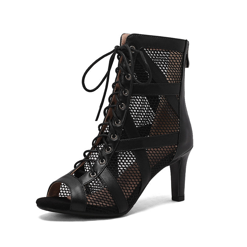 Open Toe Mesh Lace Up High Heel Ankle Boots