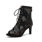 Open Toe Mesh Lace Up High Heel Ankle Boots