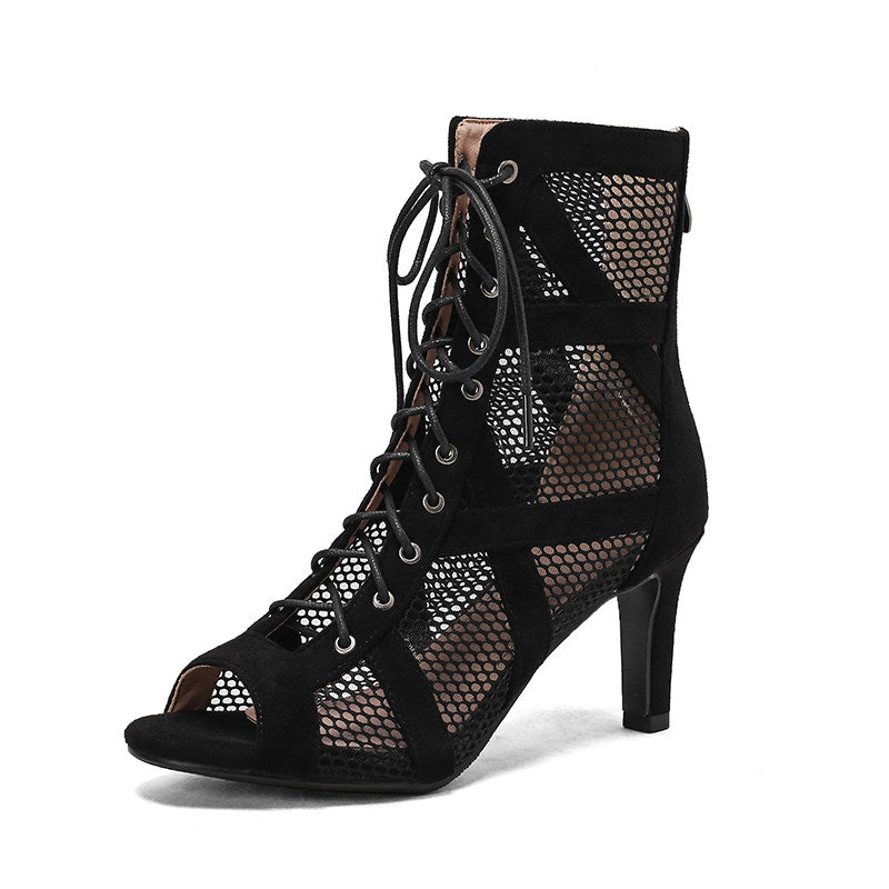 Open Toe Mesh Lace Up High Heel Ankle Boots