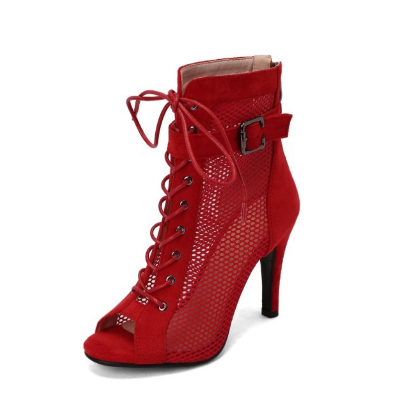 Lace-Up Mesh Peep-Toe Stiletto Ankle Booties