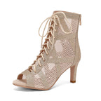 Fishnet Lace-Up Heeled Sandals