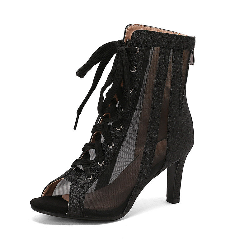 Clear Illusion Lace-Up Peep Toe Stiletto Ankle Booties