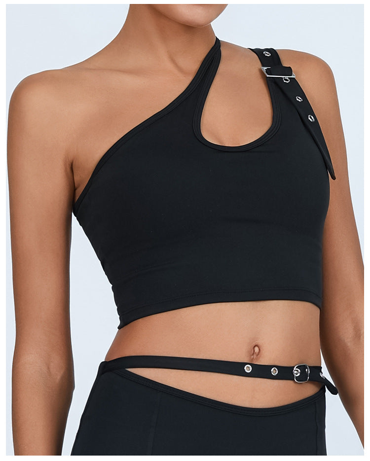 Black Buckle One Shoulder Sports Bra